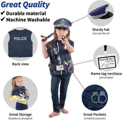 12 Pcs Police Costume for kids with Toy Role Play Kit with police badge, handcuffs,kids flashlight