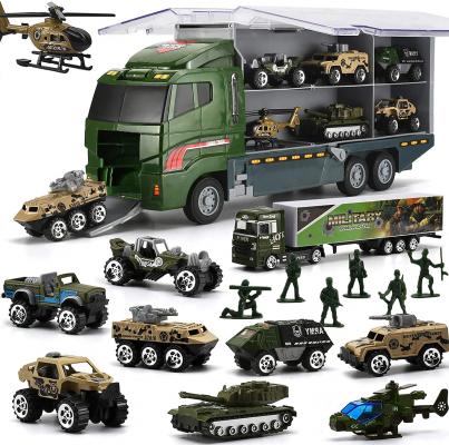 26 Pcs Military Truck with Soldier Men Set, Mini Die-cast Battle Car in Carrier Truck, Army Toy Double Side Transport Vehicle