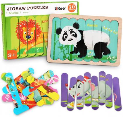 LiKee Animals Wooden Jigsaw Puzzles Pattern Blocks Sorting and Stacking Toys