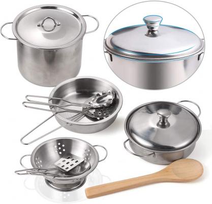 Juboury Kitchen Pretend Play Toys with Stainless Steel Cookware Pots and Pans Set