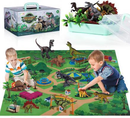 TEMI Dinosaur Toy Figure w/ Activity Play Mat & Trees, Educational Realistic Dinosaur Playset to Create a Dino World