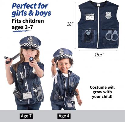 12 Pcs Police Costume for kids with Toy Role Play Kit with police badge, handcuffs,kids flashlight