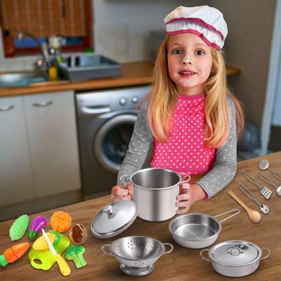 Juboury Kitchen Pretend Play Toys with Stainless Steel Cookware Pots and Pans Set